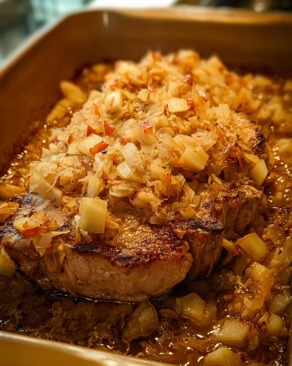 Close-up of a juicy pork chop baked with diced apples and onions in a casserole dish.
