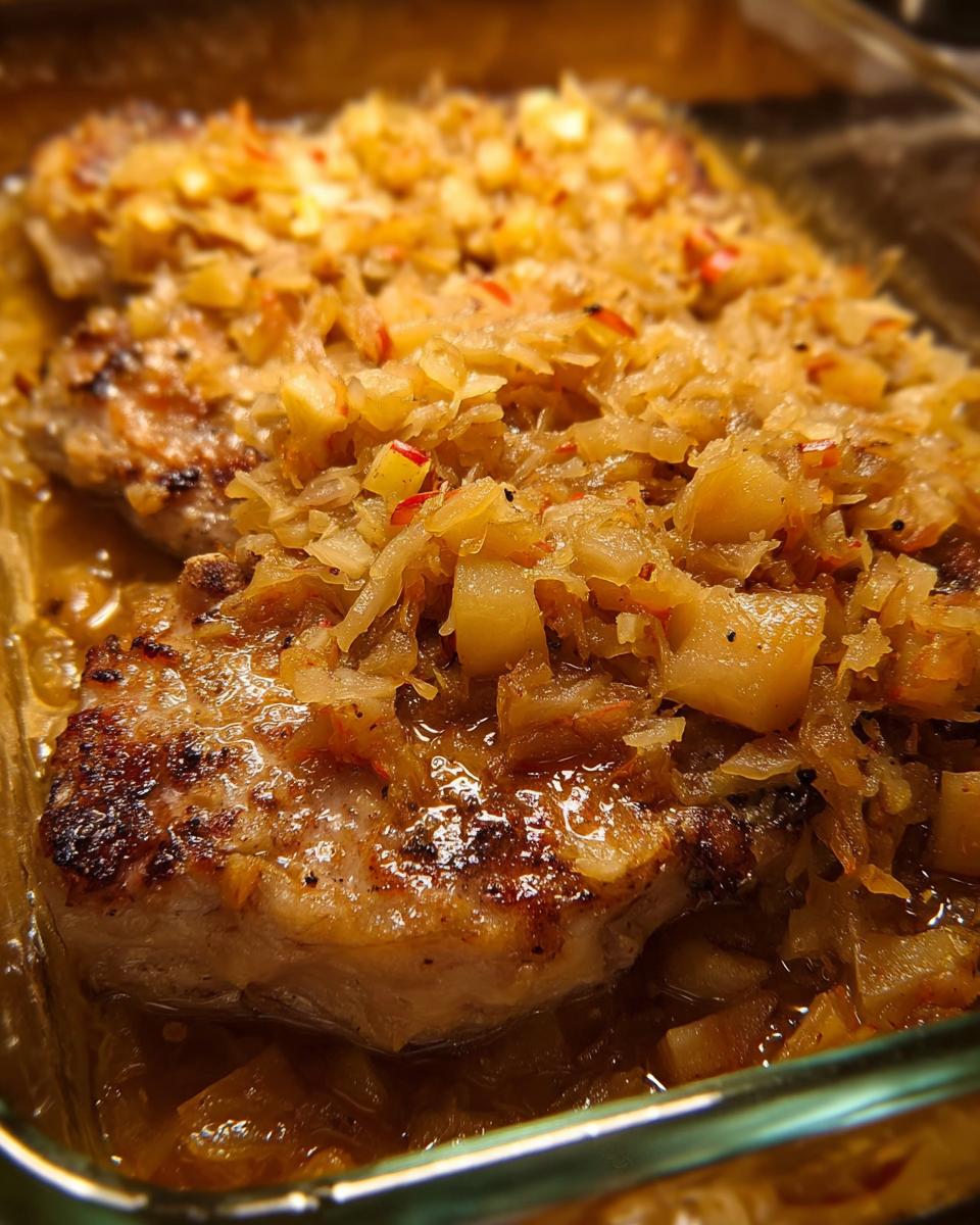 Close-up of juicy pork chops topped with a savory apple and onion mixture in a baking dish.