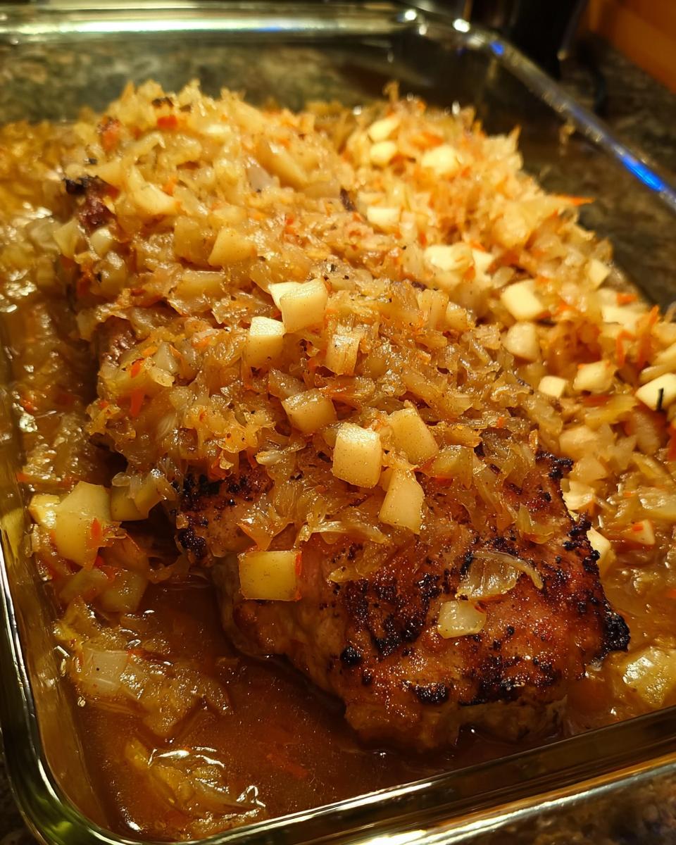 Close-up of juicy pork chops baked with caramelized onions and diced apples in a glass baking dish.