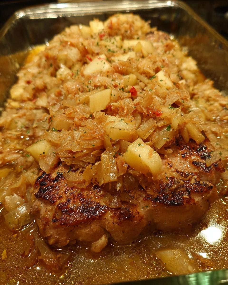 Close-up of juicy pork chops in a rich sauce, topped with caramelized onions and diced apples.