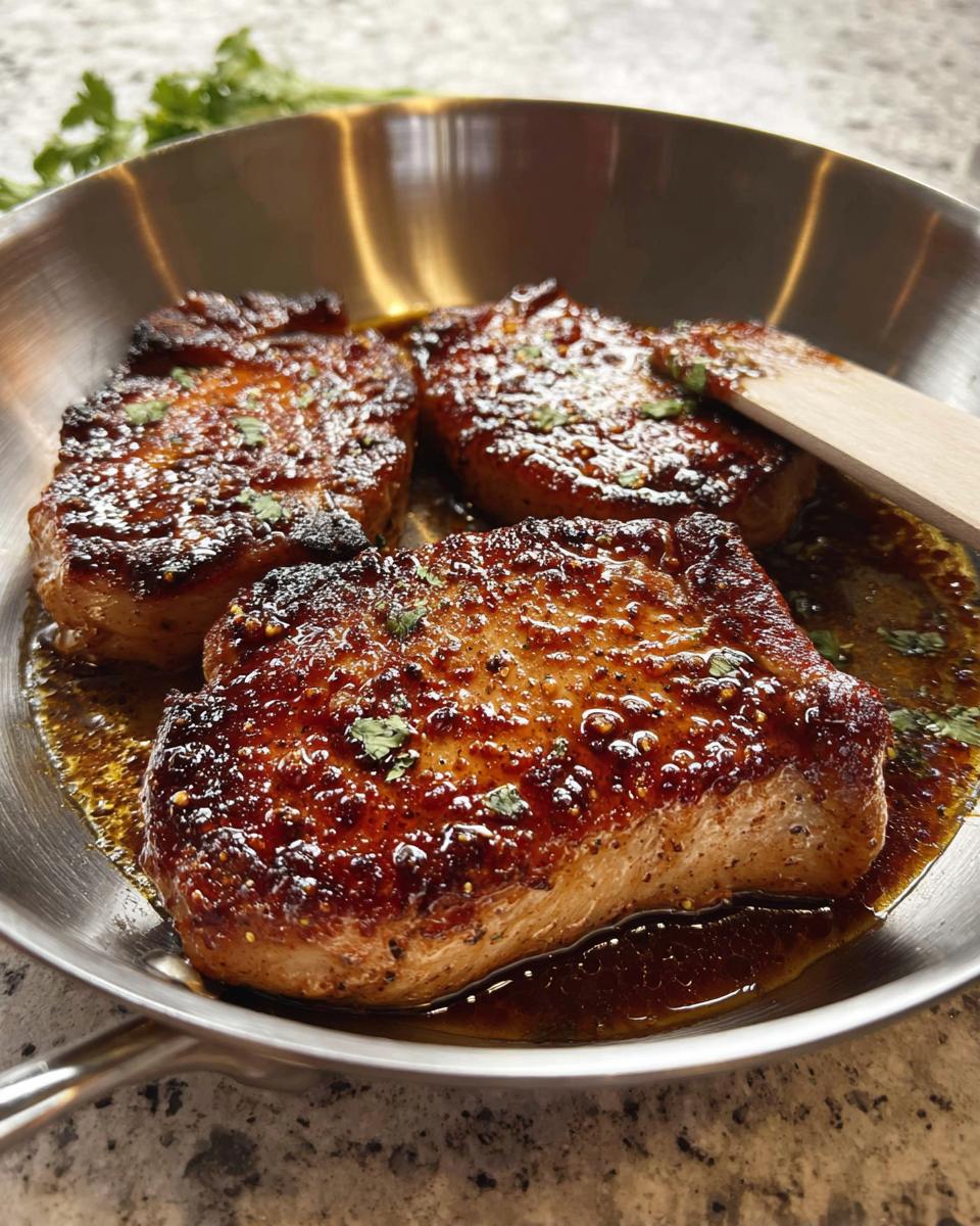 Four juicy pork chops glistening in a pan sauce, seasoned and garnished with herbs, perfect for meal prep.