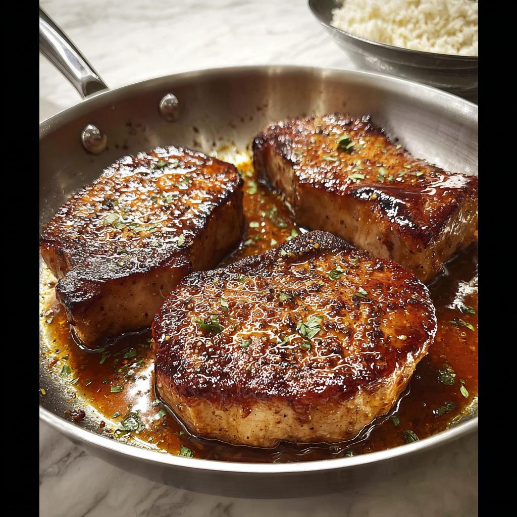 Three thick-cut pork chops seared in a pan with a glossy sauce and sprinkled with herbs.