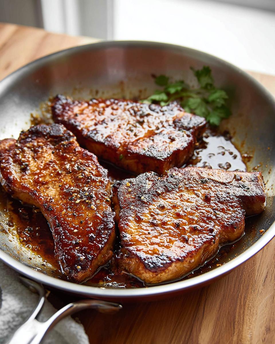 Three pan-seared pork chops glistening in a sauce in a stainless steel skillet, perfect for meal prep.