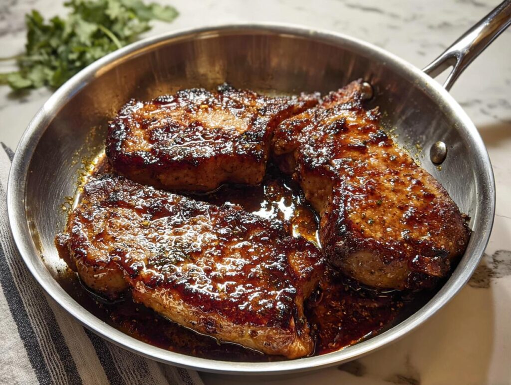 Three pan-seared pork chops in a stainless steel skillet, glistening with a rich glaze. Perfect for pork chops recipes meal prep.