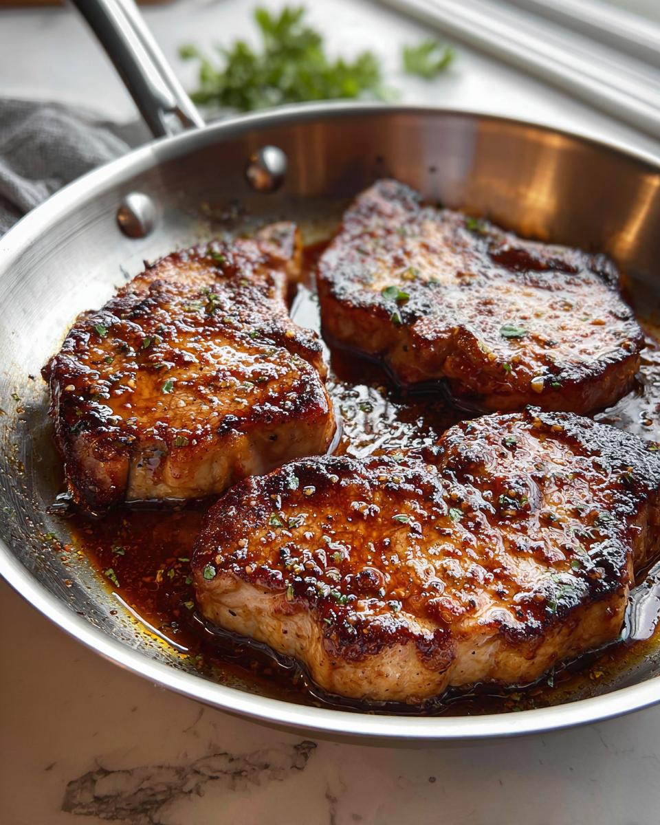 Four juicy pork chops sizzling in a pan with a rich glaze and sprinkled herbs, perfect for meal prep.