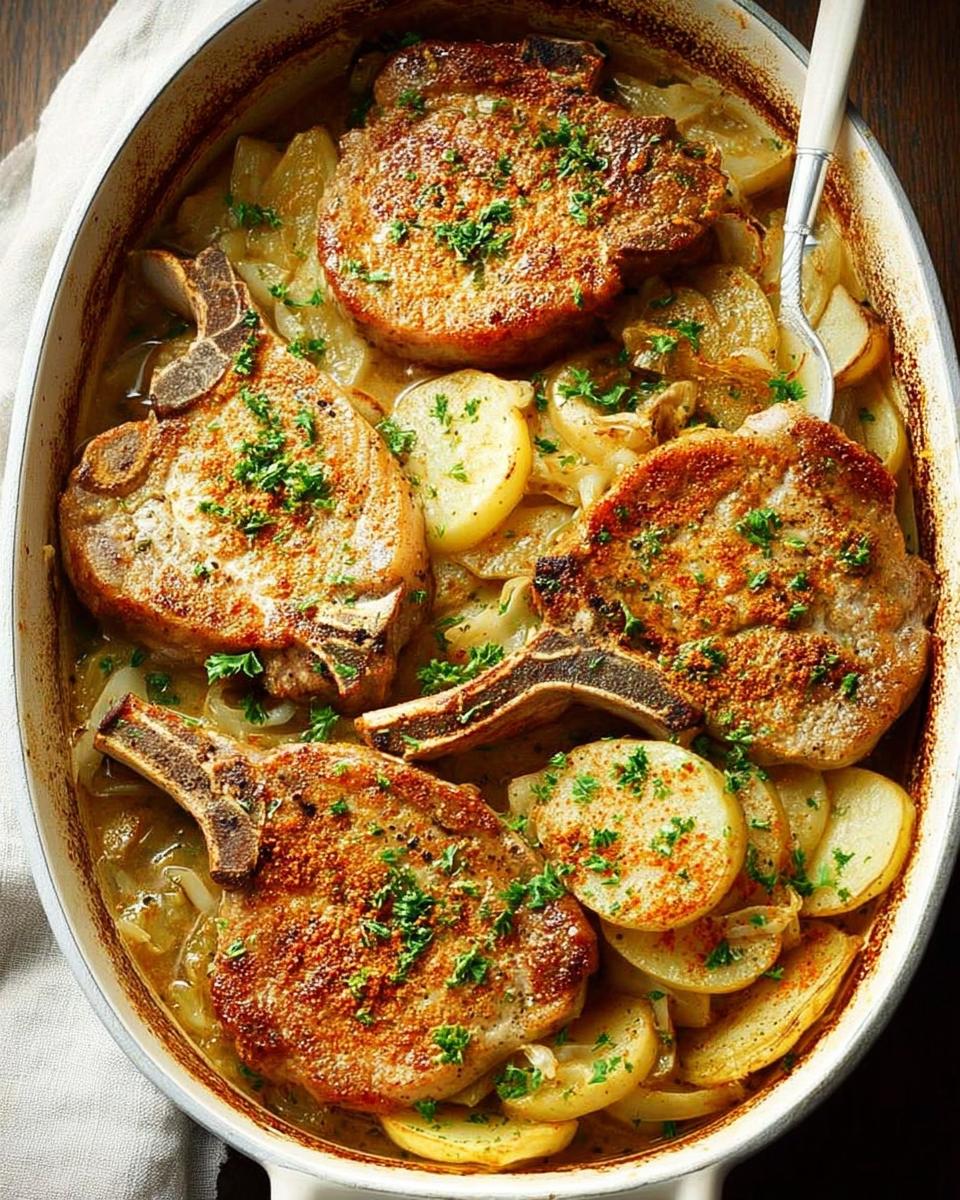 A close-up of baked pork chops with sliced potatoes and onions in a casserole dish, garnished with parsley.