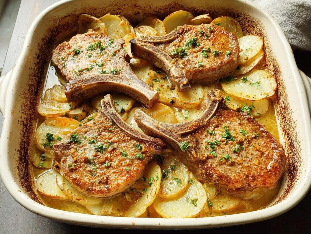 A close-up of baked pork chops nestled on a bed of thinly sliced potatoes in a casserole dish, garnished with parsley.