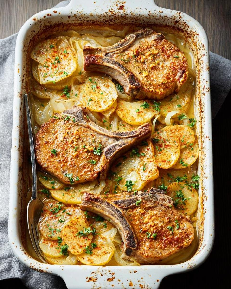 A baking dish filled with tender pork chops baked with sliced potatoes and onions, a perfect weeknight meal.
