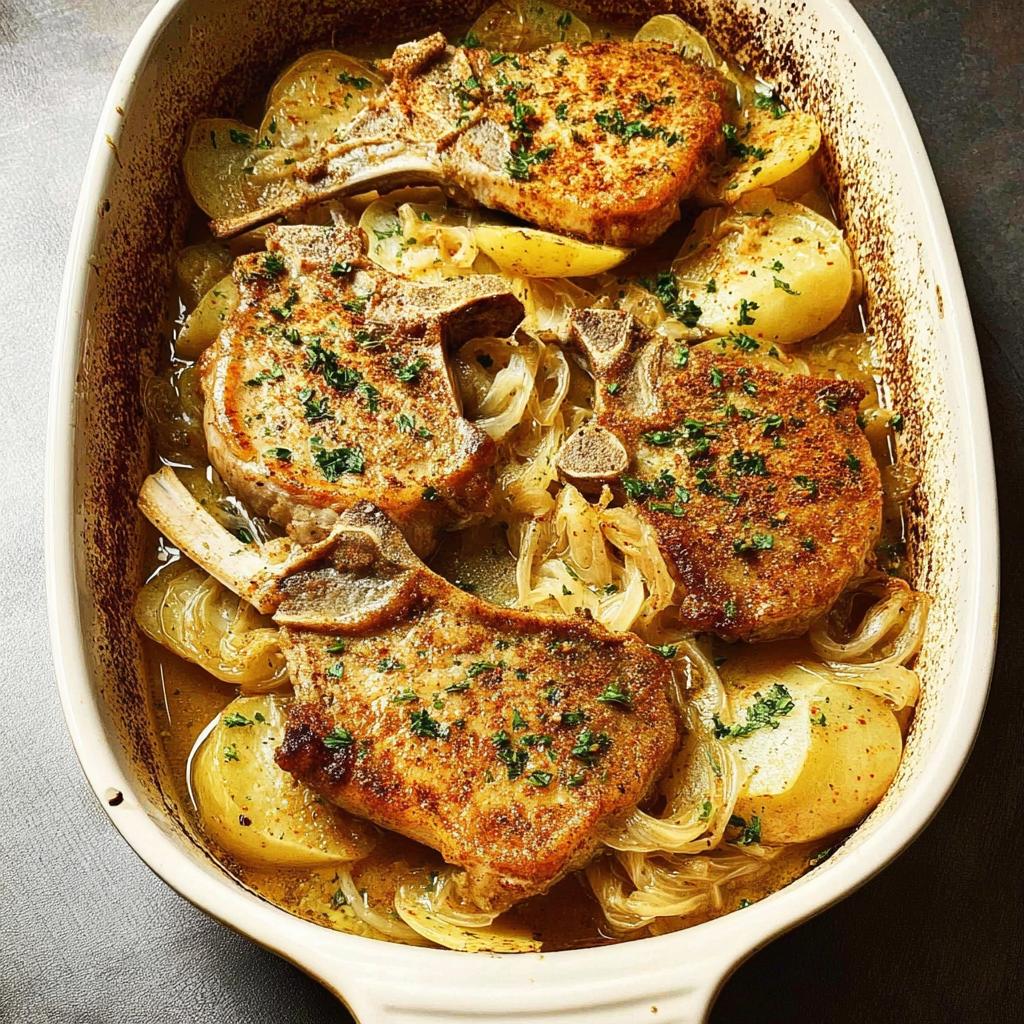 Three bone-in pork chops baked with sliced potatoes and onions, garnished with parsley.