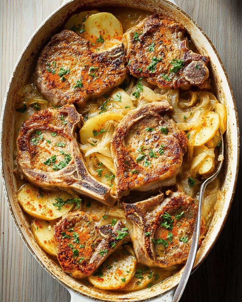 A close-up overhead view of baked pork chops with sliced potatoes and onions in a casserole dish, garnished with parsley.