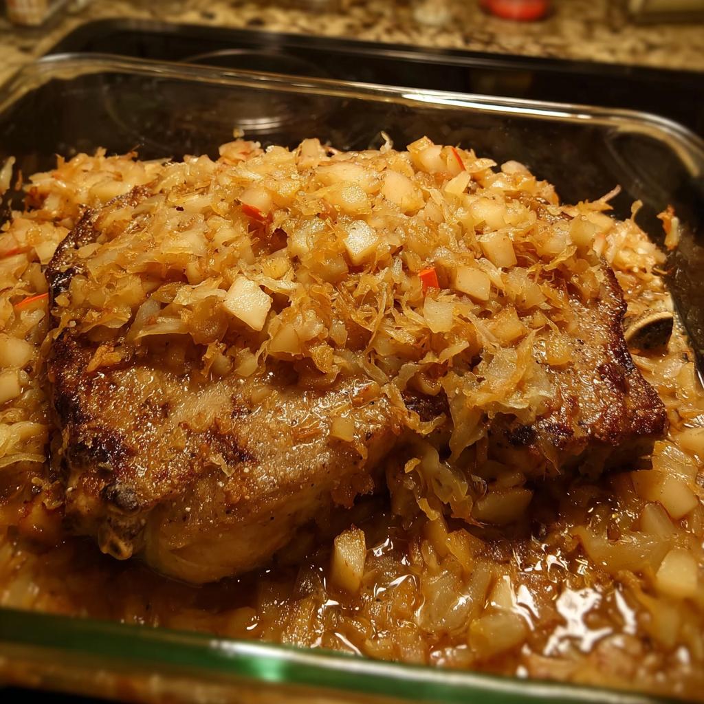 Close-up of a juicy pork chop baked with apples and onions in a glass dish.