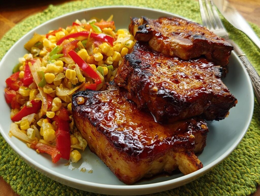 Three perfectly cooked pork chops with a glossy glaze, served with a colorful corn and pepper medley.