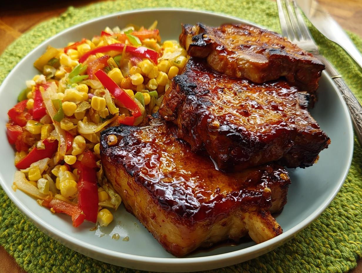 Three perfectly cooked pork chops with a glossy glaze, served with a colorful corn and pepper medley.
