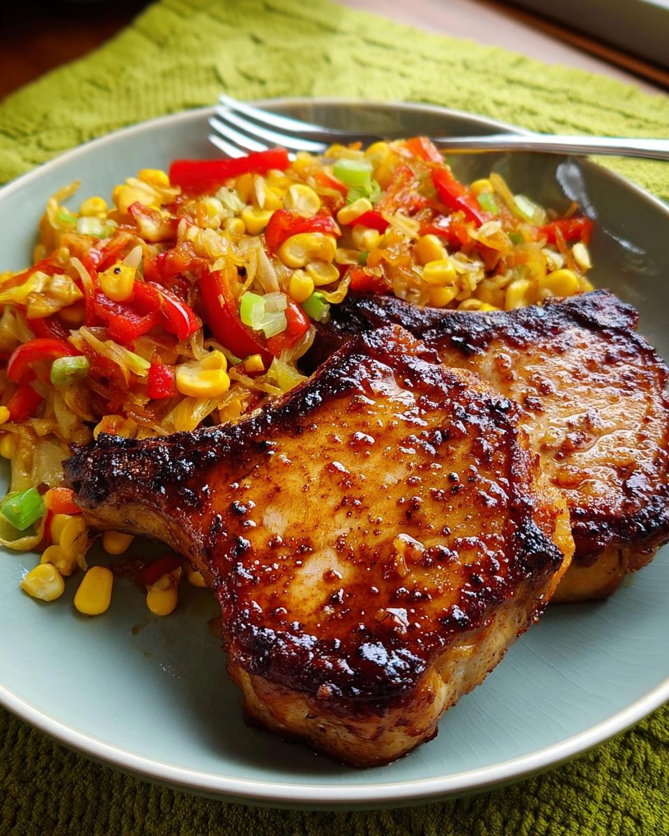 Two perfectly cooked pork chops served with a colorful mix of corn, red peppers, and green onions.