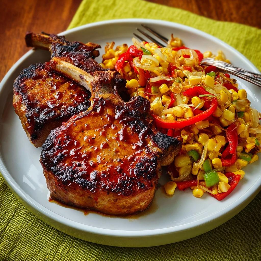 Two juicy pork chops glazed with a rich sauce, served with a colorful corn and pepper salsa.