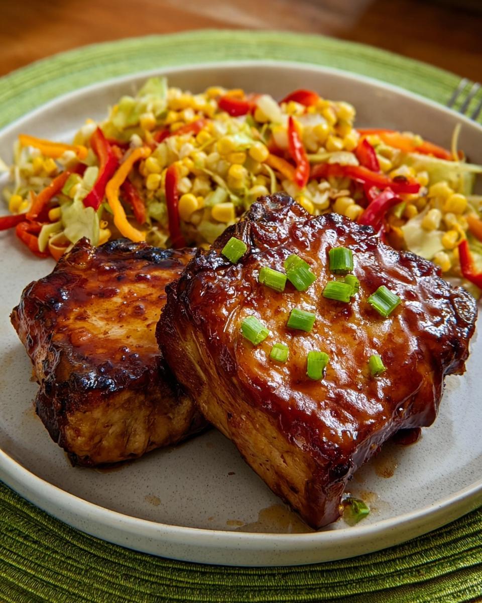 Two thick-cut pork chops glazed with a dark sauce and topped with chopped green onions, served with a side of corn and pepper salad.