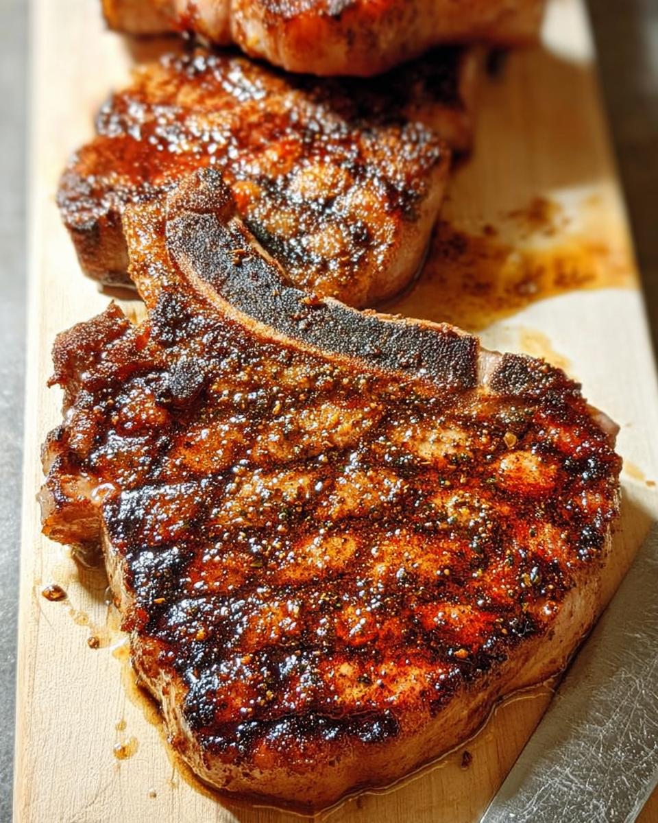 Close-up of perfectly grilled pork chops with a flavorful crust, ready to be served.