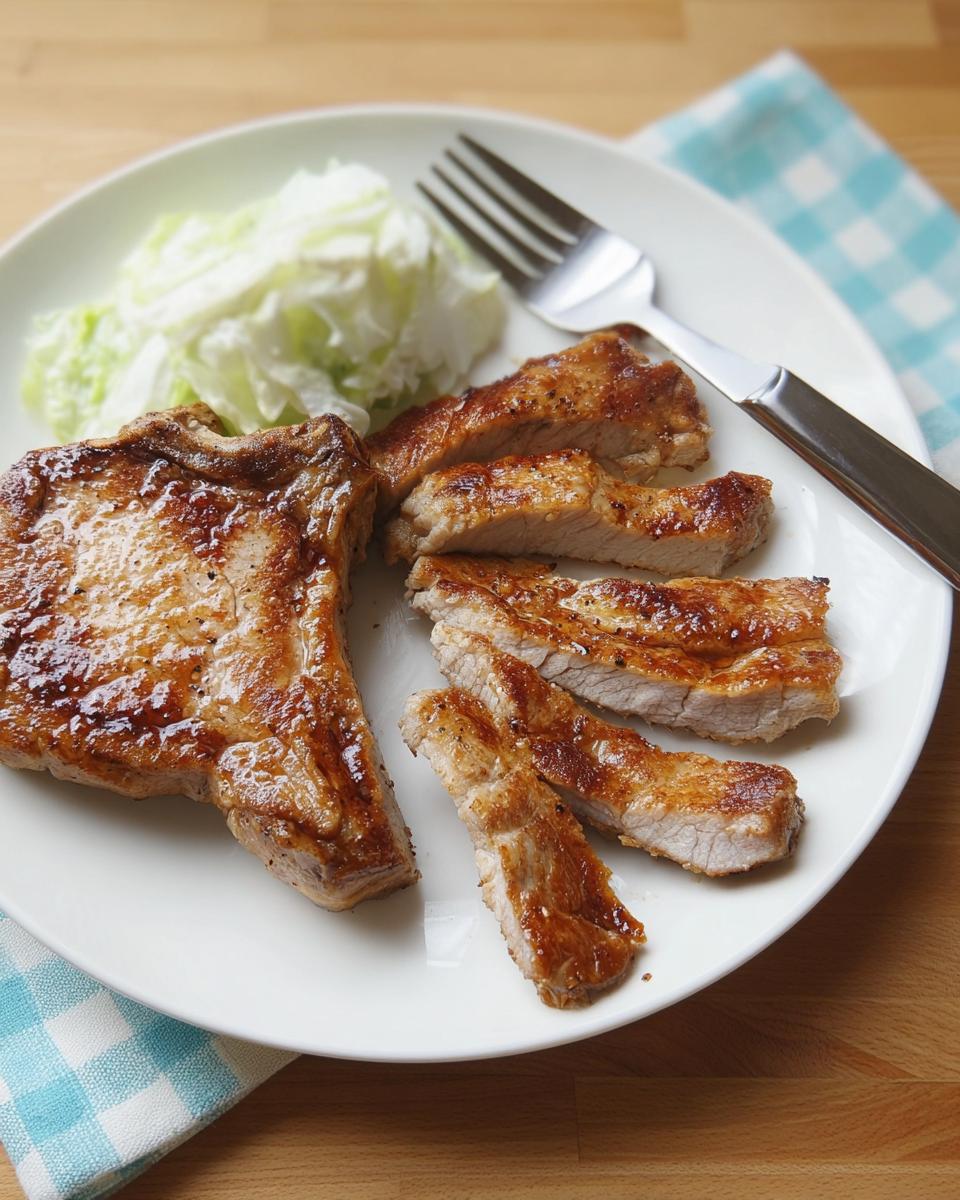 A plate of juicy, pan-seared pork chops, sliced and served with a side of fresh lettuce.
