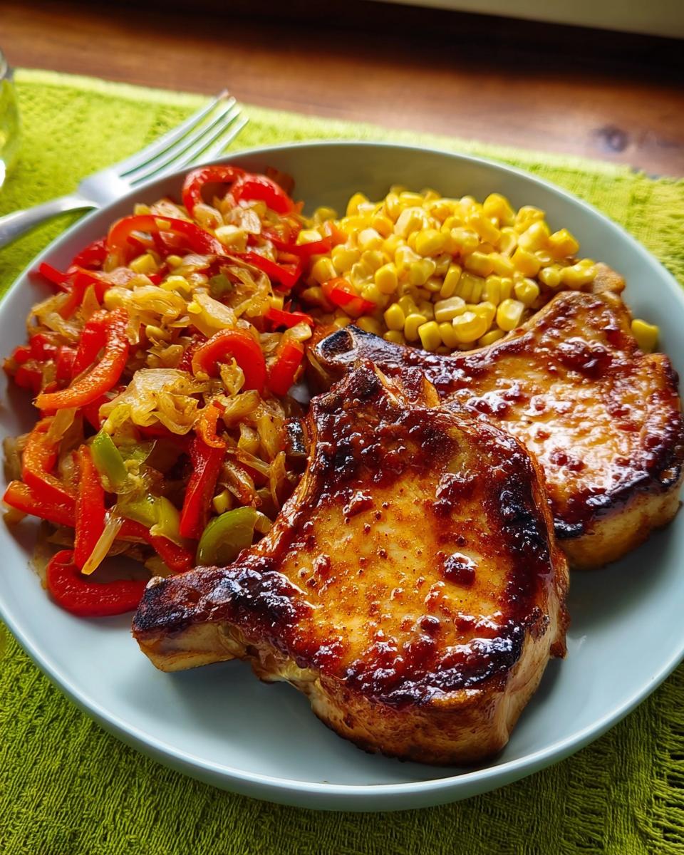Two perfectly cooked pork chops served with corn and sautéed peppers and onions.