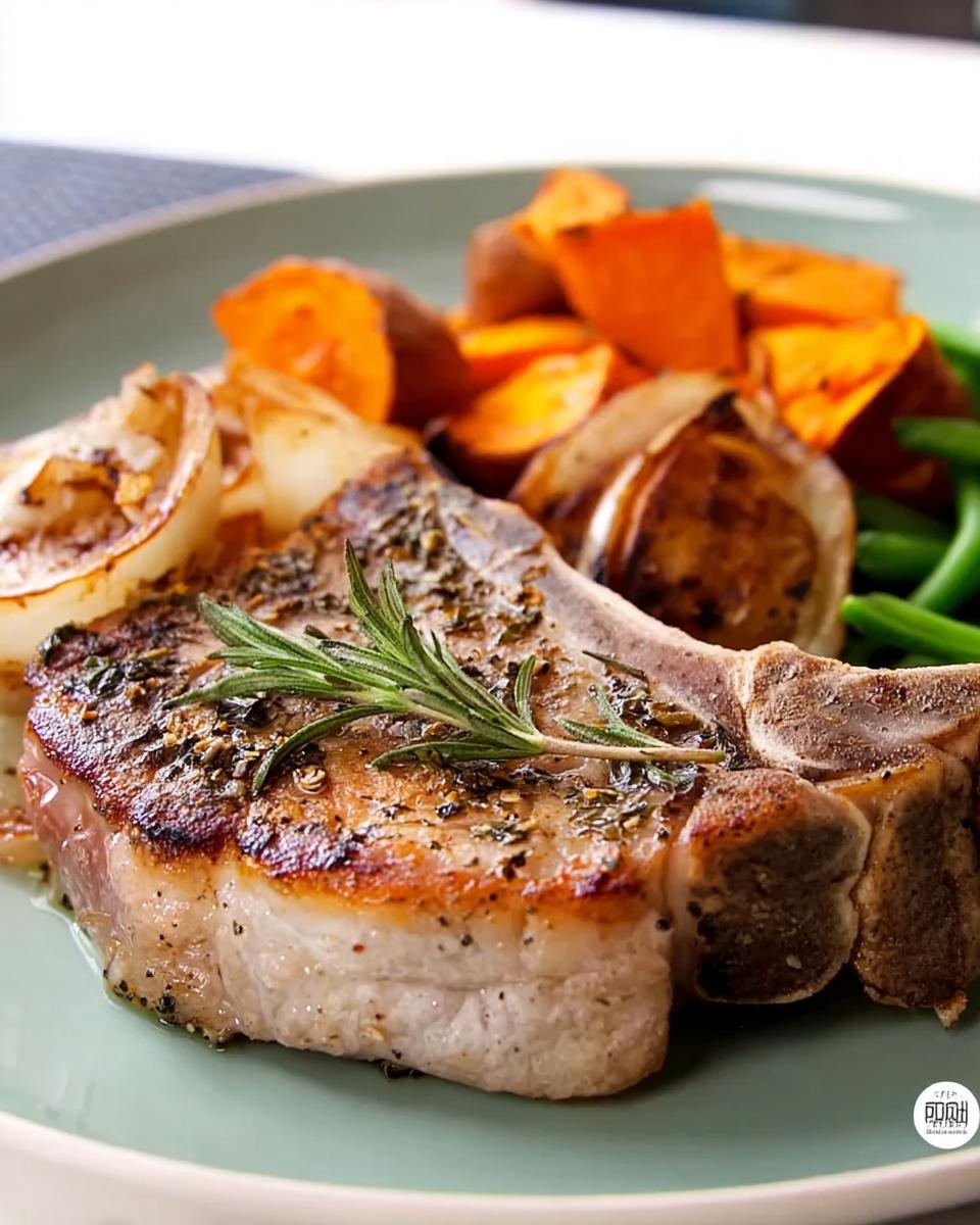 A perfectly cooked pork chop served with roasted sweet potatoes, green beans, and onions, garnished with rosemary.