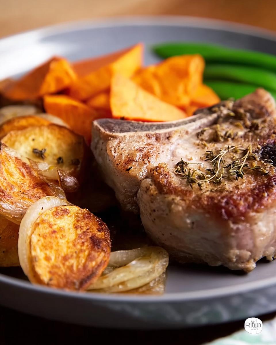 Close-up of a perfectly cooked pork chop served with roasted sweet potatoes, potatoes, and green beans.