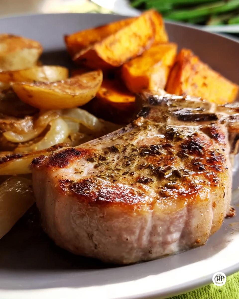 Close-up of a perfectly cooked pork chop served with roasted sweet potatoes and onions.