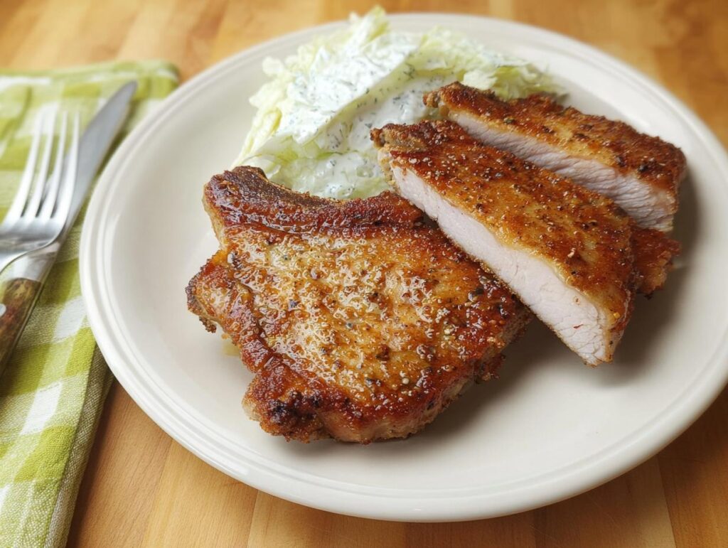 Juicy pork chops recipe, perfectly seasoned and cooked, served with a fresh side salad.