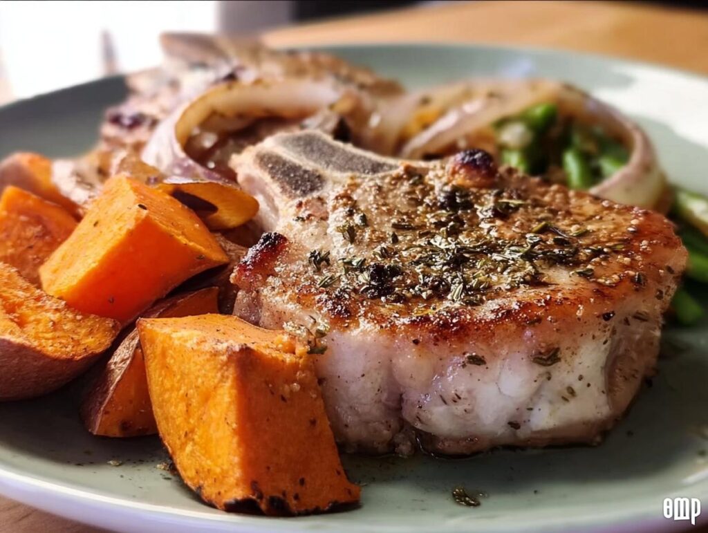 Close-up of a perfectly cooked pork chop served with roasted sweet potato wedges and onions.