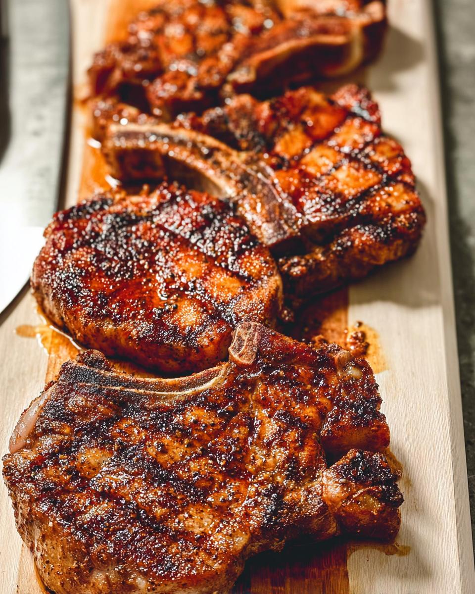 Close-up of four juicy, pan-seared pork chops on a wooden cutting board, seasoned with spices.