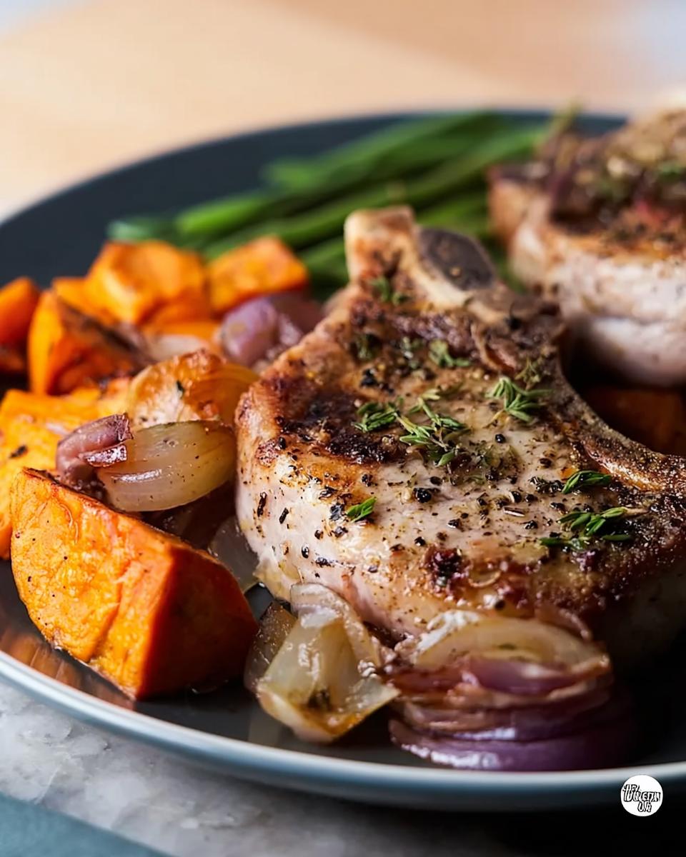 Close-up of a perfectly cooked pork chop served with roasted sweet potatoes, red onion, and green beans.
