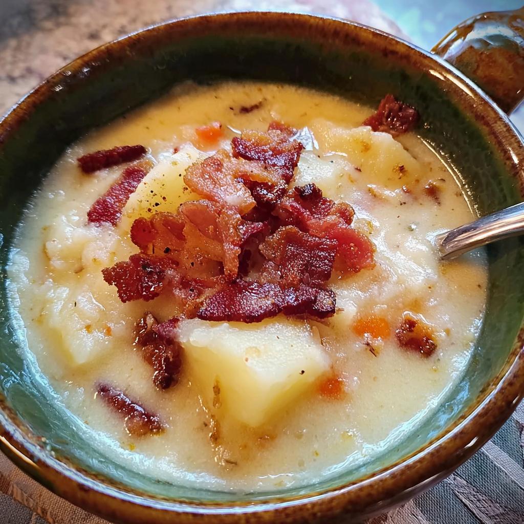 A close-up of a bowl of creamy potato bacon soup, a delicious option from 12-Ingredient Soup Recipes.