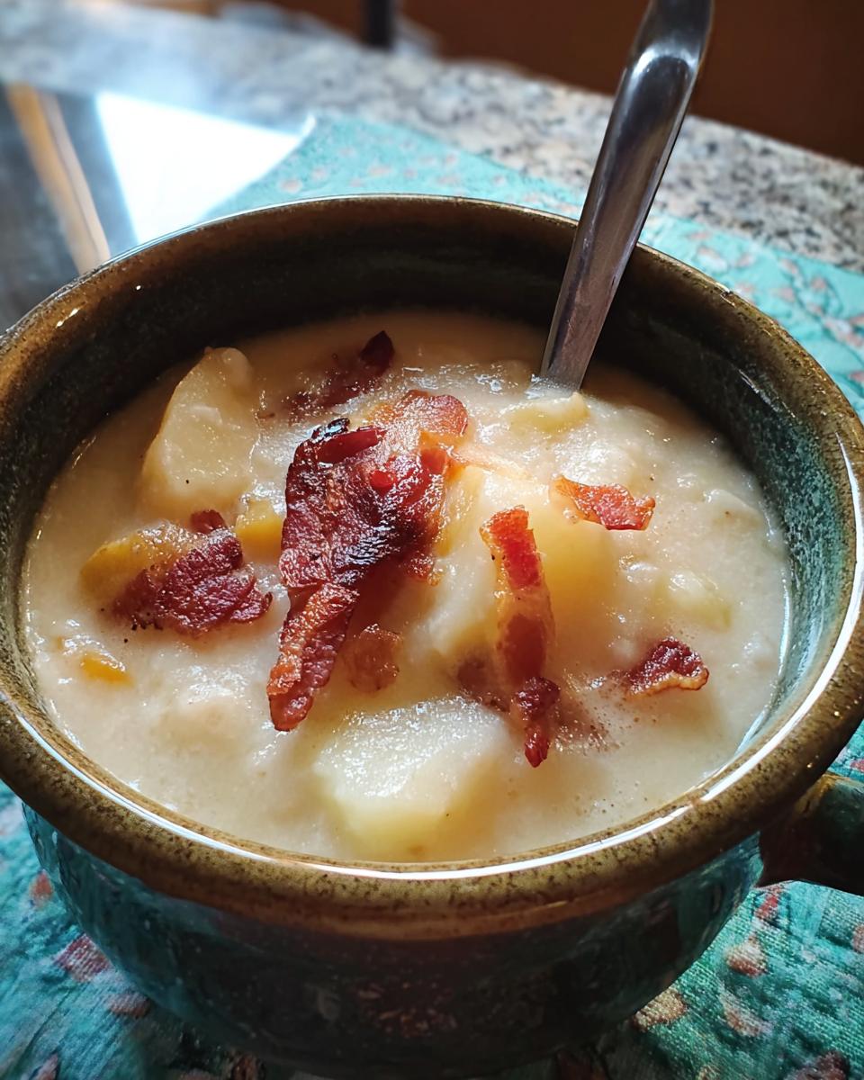 Close-up of a bowl of creamy potato soup topped with crispy bacon, part of the 12-Ingredient Soup Recipes collection.