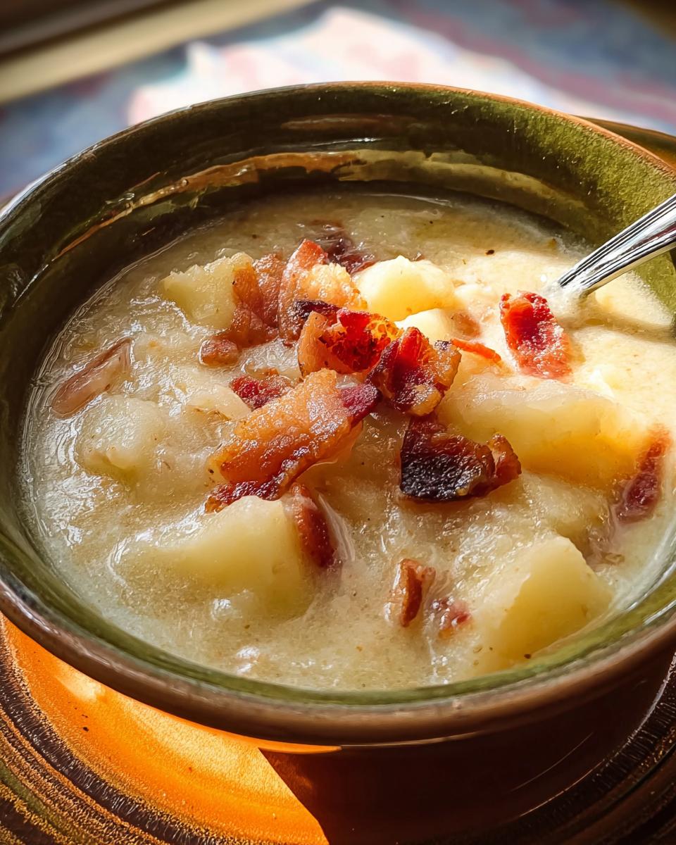 Close-up of a bowl of creamy potato bacon soup, a delicious 12-ingredient soup recipe.