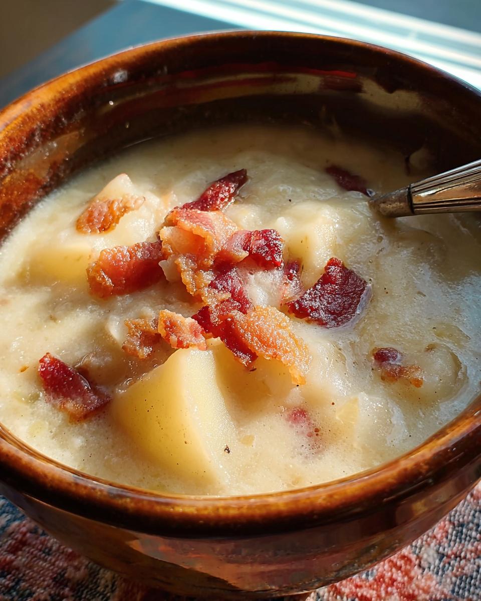 Close-up of a bowl of creamy potato soup topped with crispy bacon, part of a 12-Ingredient Soup Recipes collection.