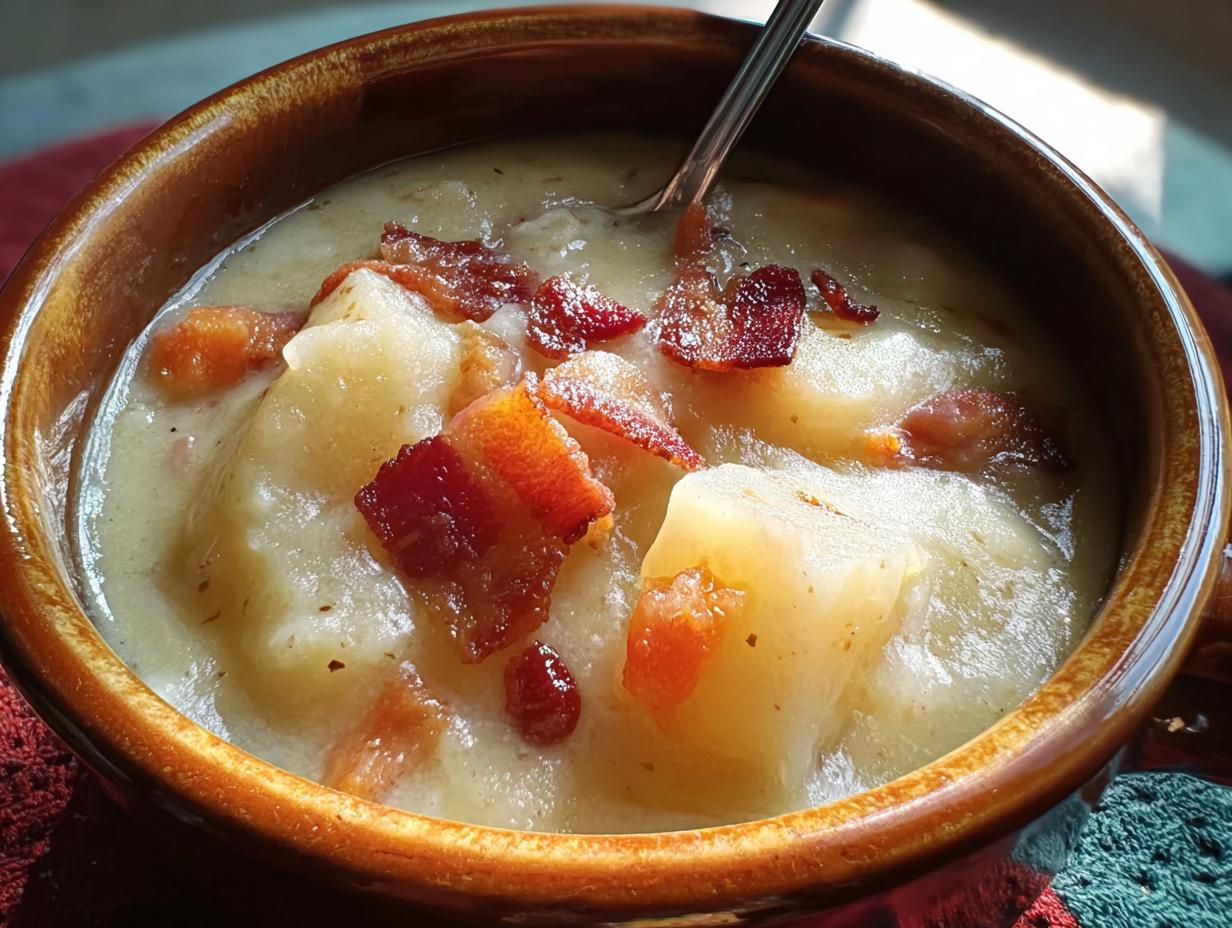 Close-up of a bowl of creamy potato soup topped with crispy bacon, part of 12-Ingredient Soup Recipes.