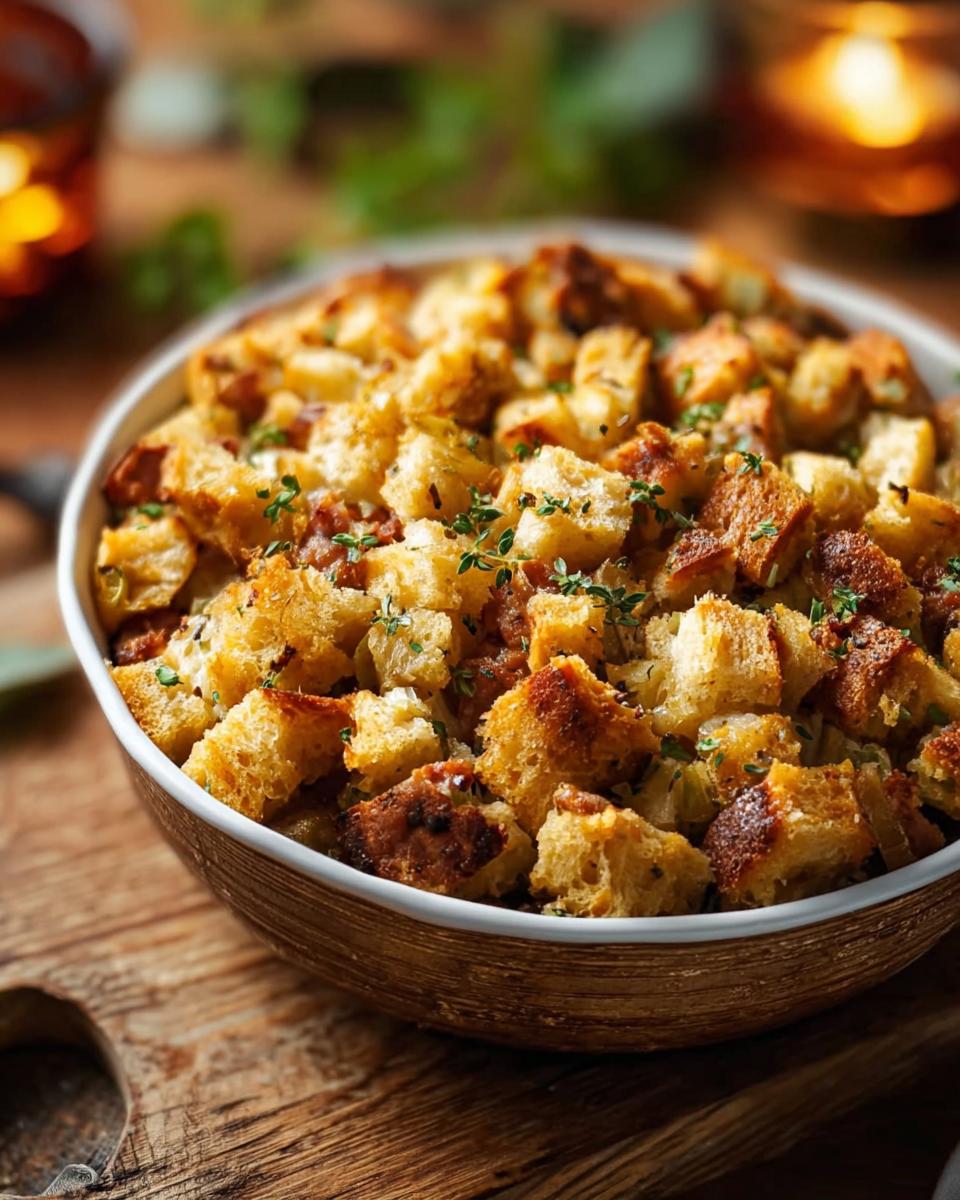Close-up of a bowl filled with golden brown, freshly baked stuffing, garnished with fresh herbs.