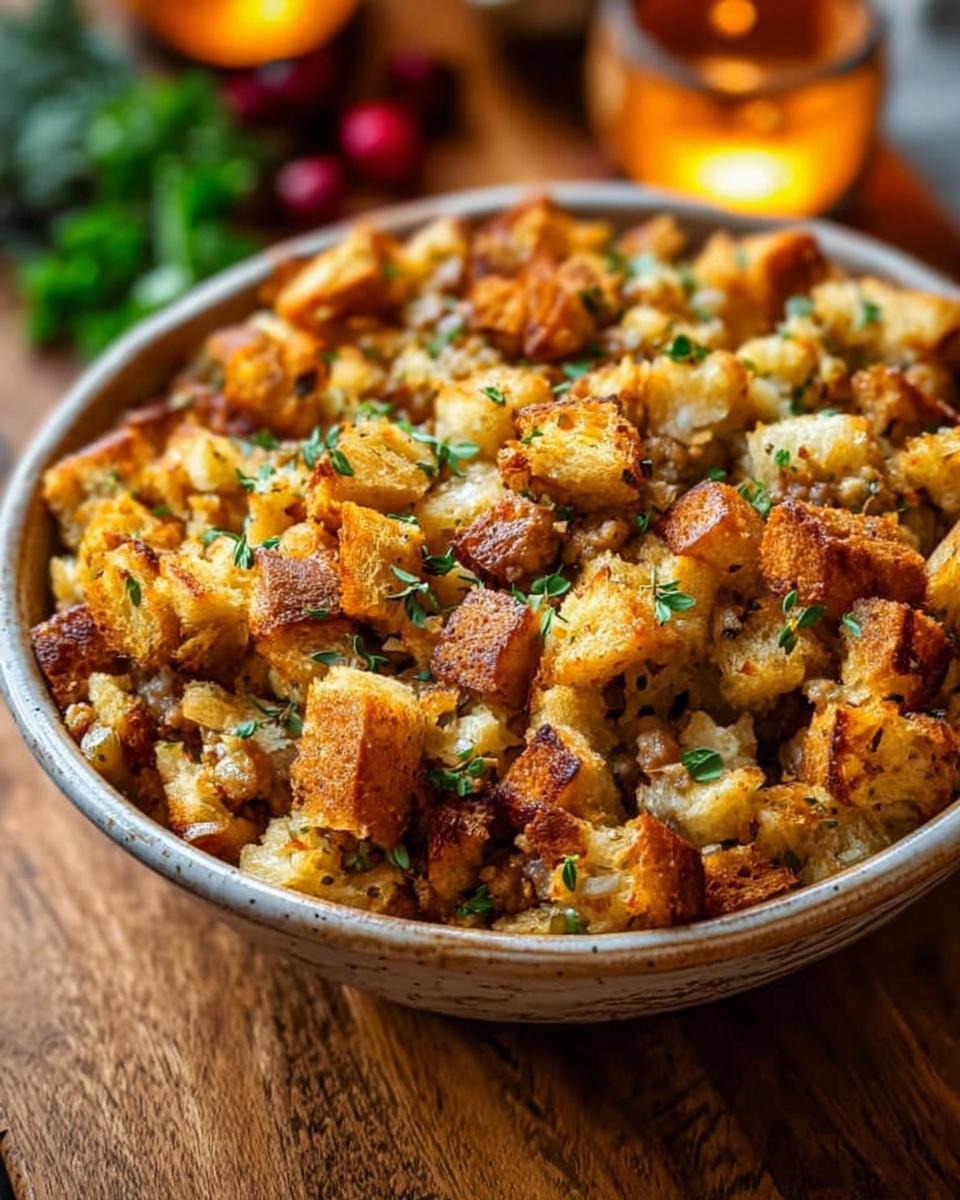 A close-up of a bowl filled with golden-brown, homemade stuffing, garnished with fresh herbs.