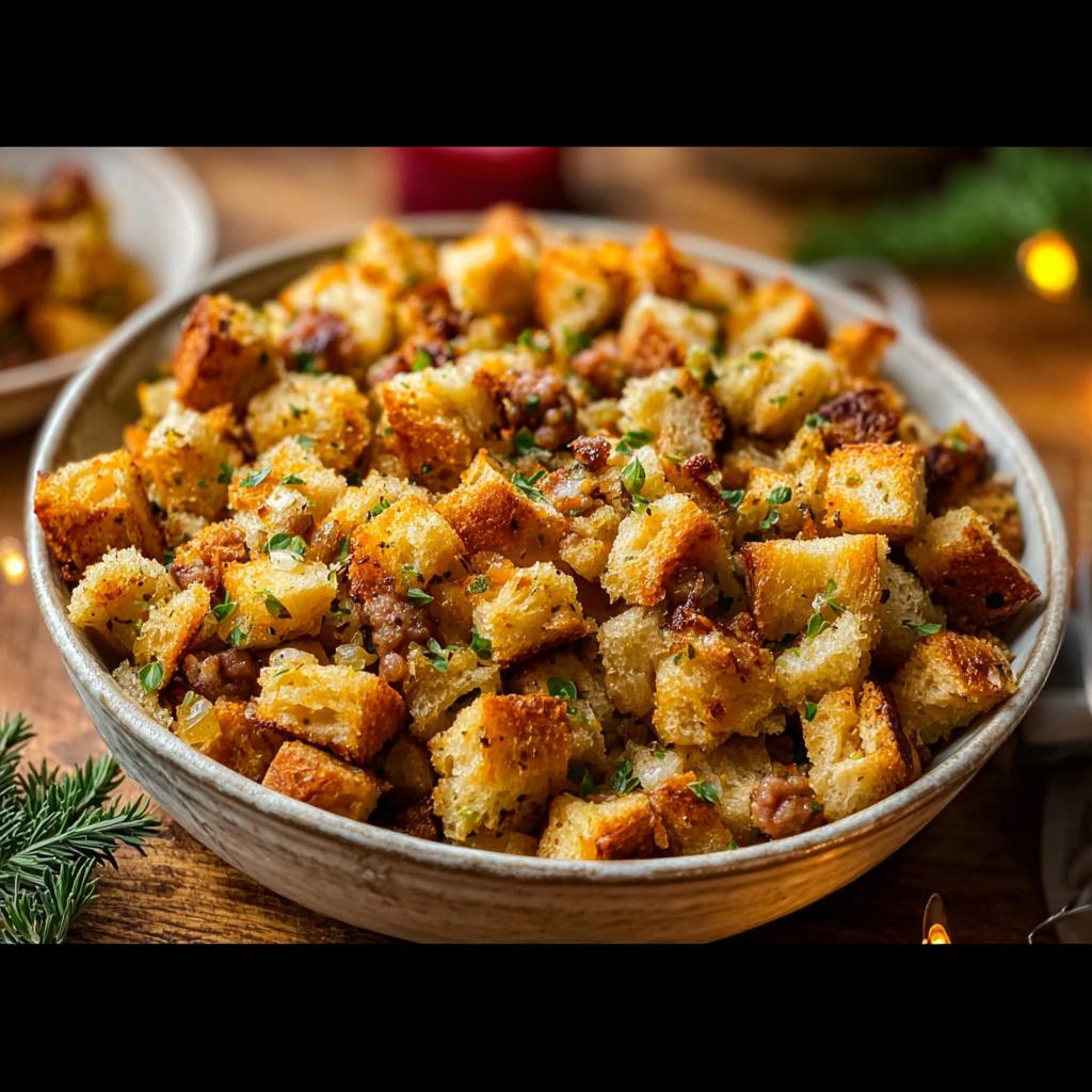 A close-up of a bowl filled with delicious stuffing, featuring golden-brown bread cubes, herbs, and savory sausage.