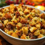 A close-up of a white oval dish filled with golden brown, crispy bread cubes, a key component of a pro stuffing recipe.