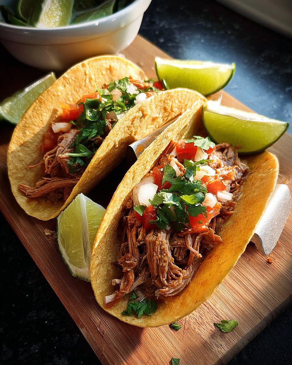 Three delicious pulled pork tacos topped with pico de gallo and cilantro, served with lime wedges for Taco Tuesday Recipes.