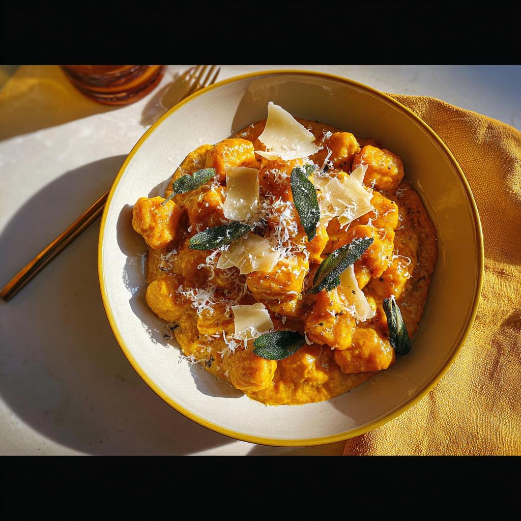 A bowl of pumpkin gnocchi pasta recipe, topped with sage leaves, shaved parmesan, and a creamy sauce.