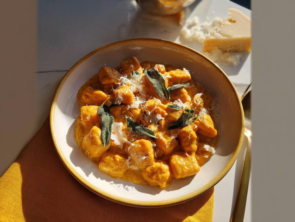 A bowl of creamy pumpkin gnocchi pasta topped with sage and parmesan cheese.