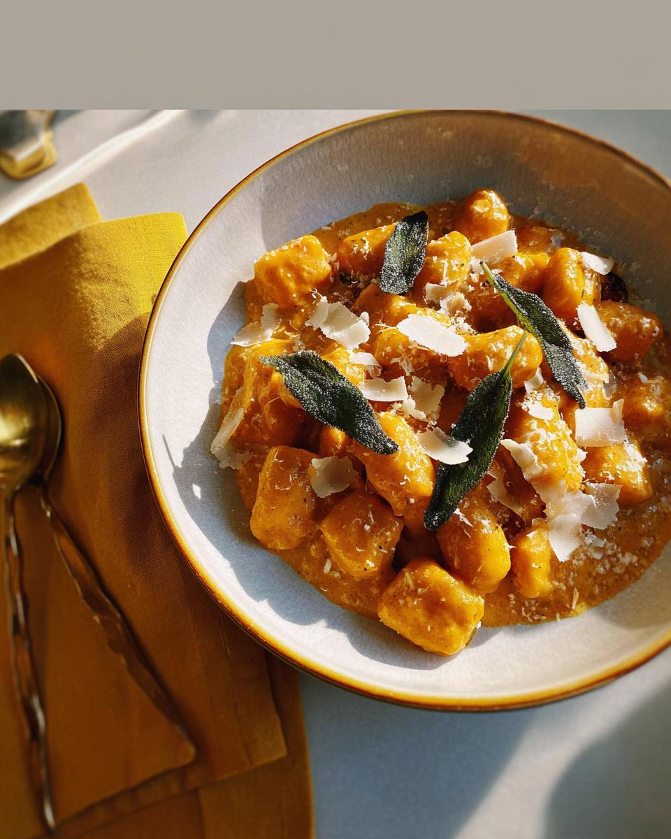 Close-up of pumpkin gnocchi pasta in a creamy sauce, topped with sage and parmesan.