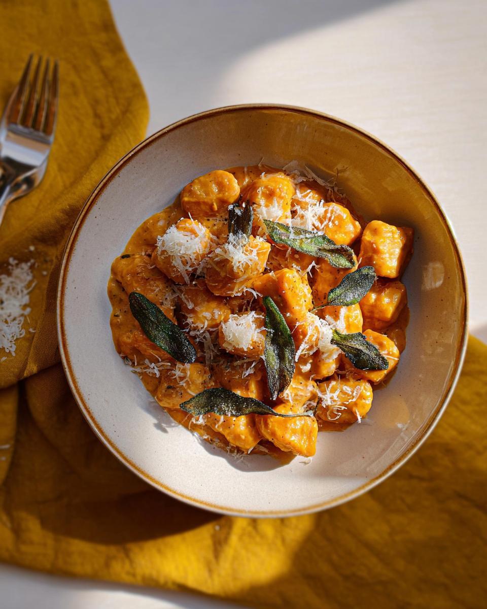 A close-up of pumpkin gnocchi pasta in a creamy sauce, topped with fried sage and grated parmesan.