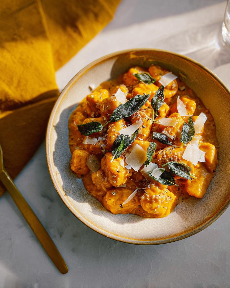A bowl of pumpkin gnocchi with a creamy sauce, topped with fresh sage leaves and shaved parmesan cheese.