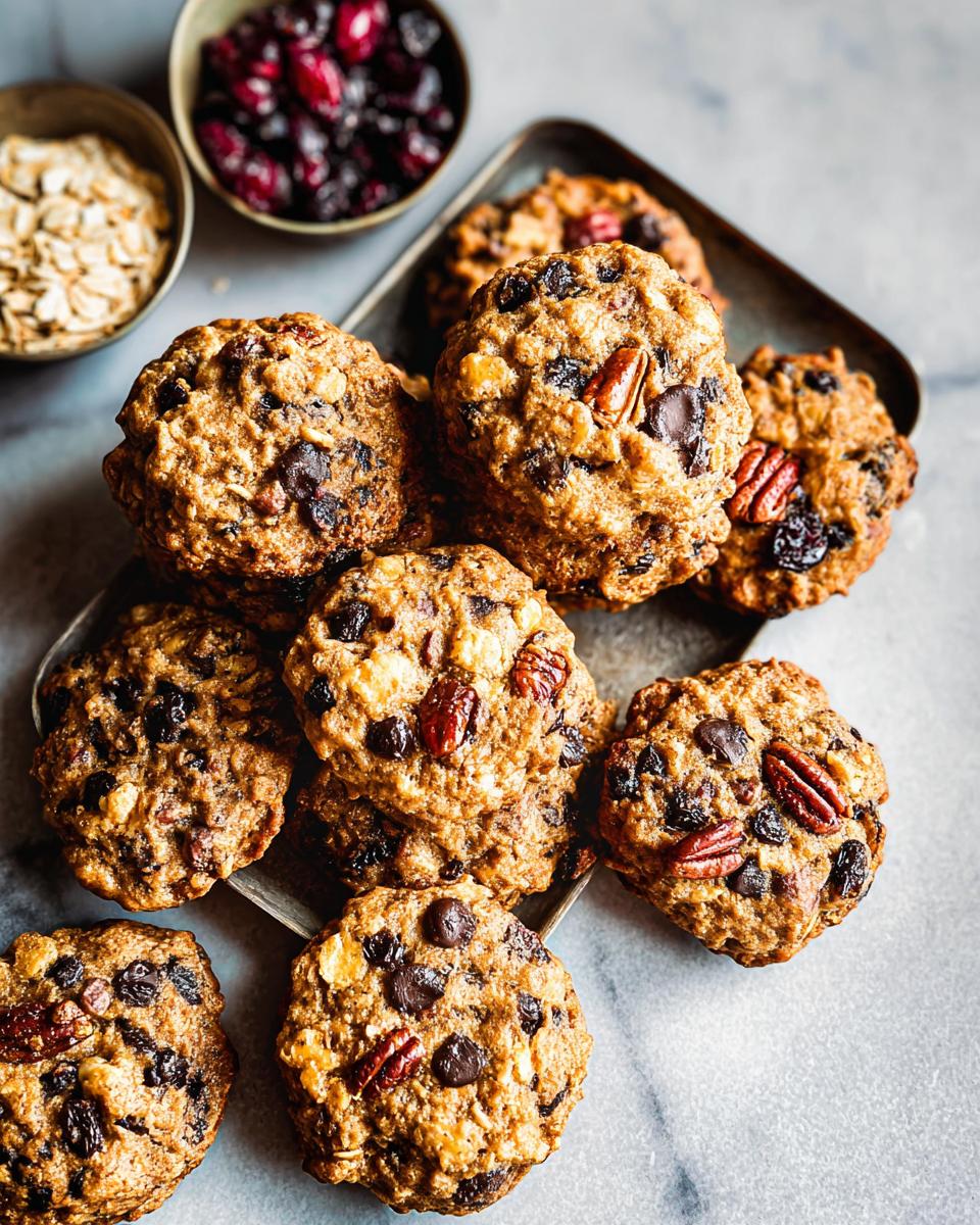 A pile of healthy breakfast cookies loaded with chocolate chips, pecans, and dried fruit, perfect for quick breakfast ideas.