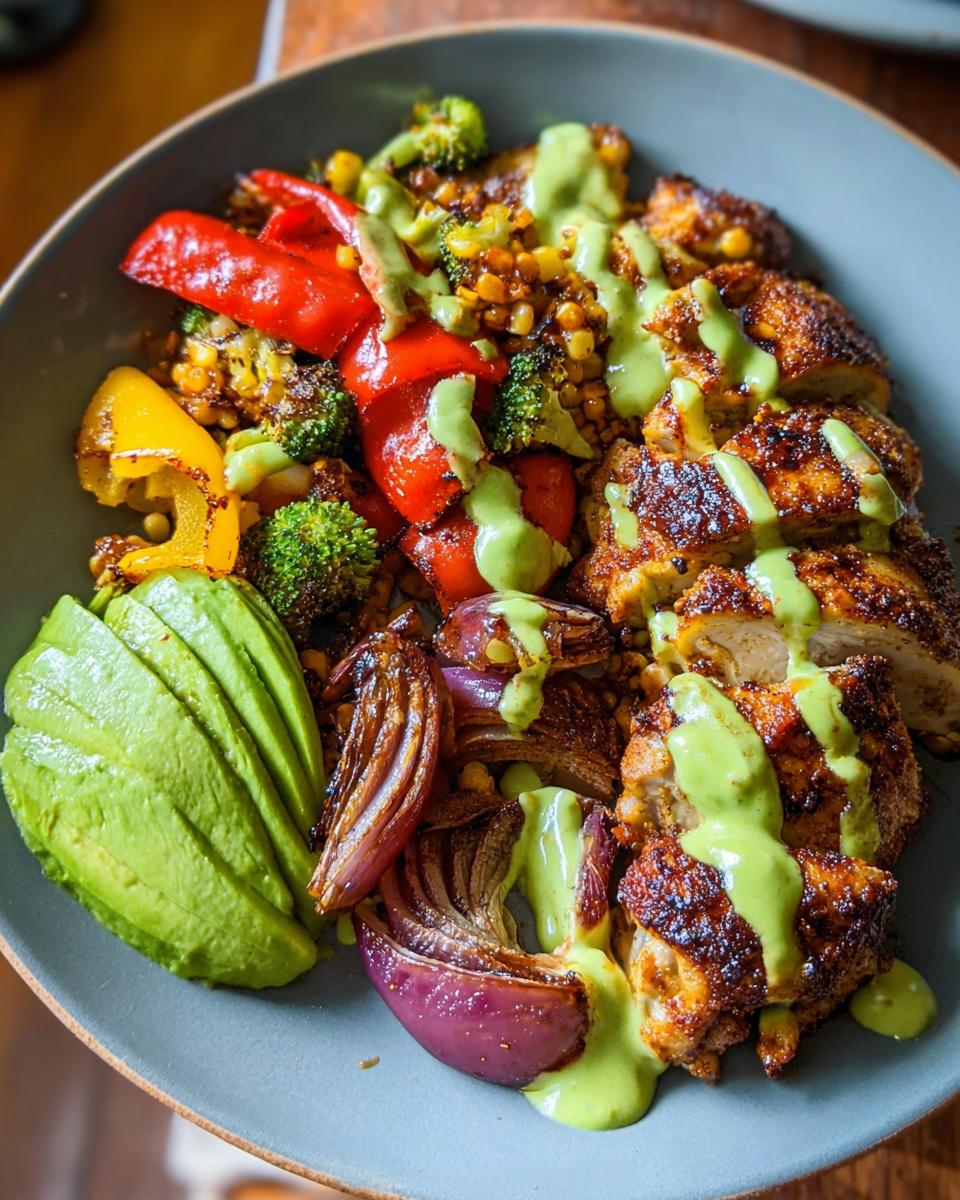 A vibrant bowl featuring sliced chicken breast, roasted vegetables, avocado, and a drizzle of green sauce, perfect for quick chicken recipes.