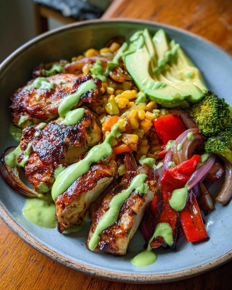 A vibrant bowl filled with seasoned chicken pieces, corn, roasted vegetables, avocado slices, and a drizzle of green sauce. A perfect example of quick chicken recipes.