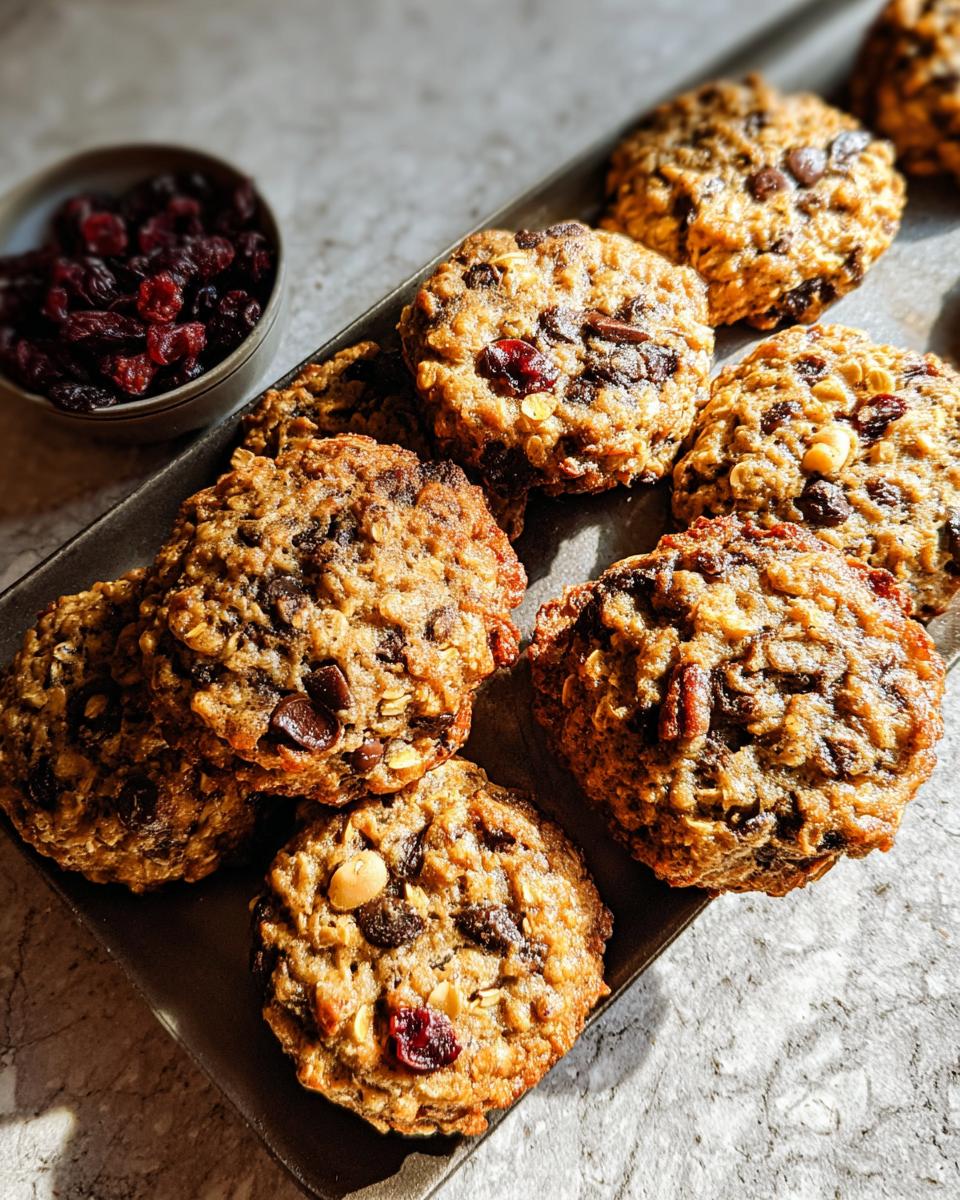 Close-up of freshly baked oatmeal chocolate chip cookies with cranberries, perfect for quick breakfast ideas.