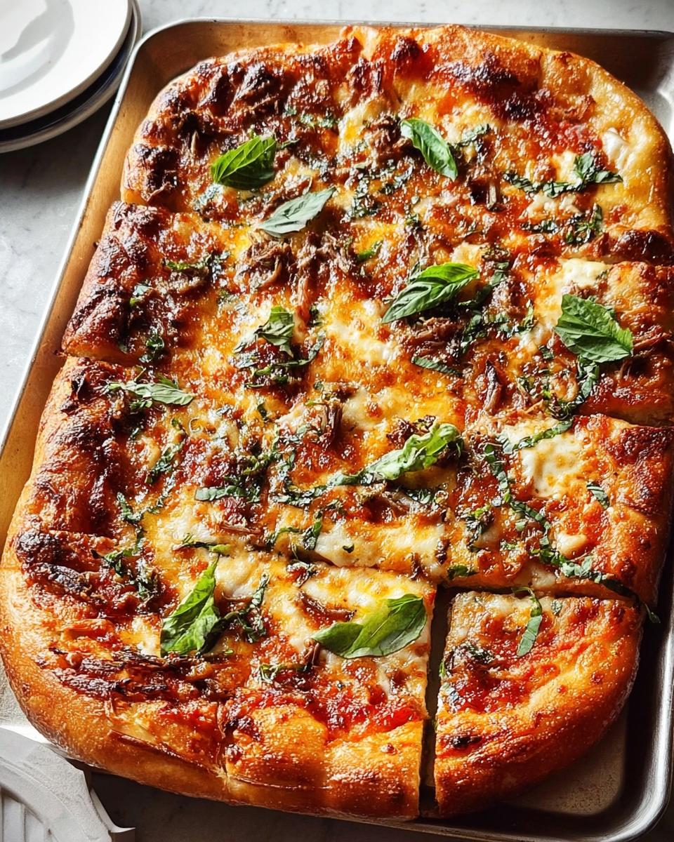 A close-up of a freshly baked pizza with melted cheese, savory toppings, and fresh basil, perfect for Pizza Night Recipes.